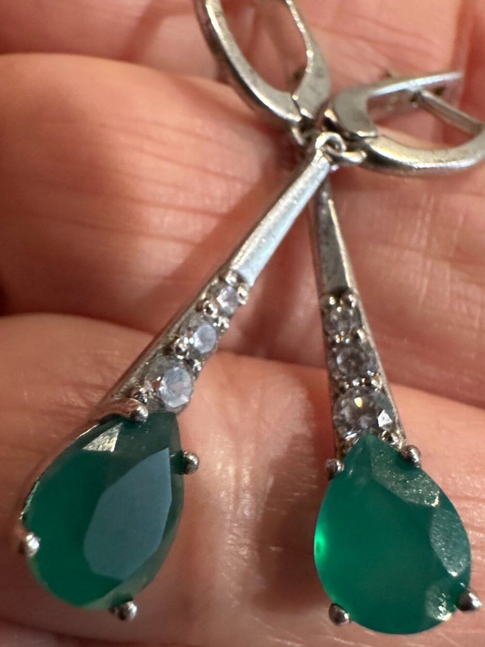 Vintage Russian 925 Sterling Silver Green Teardrop CZ Lever- back Drop Earrings